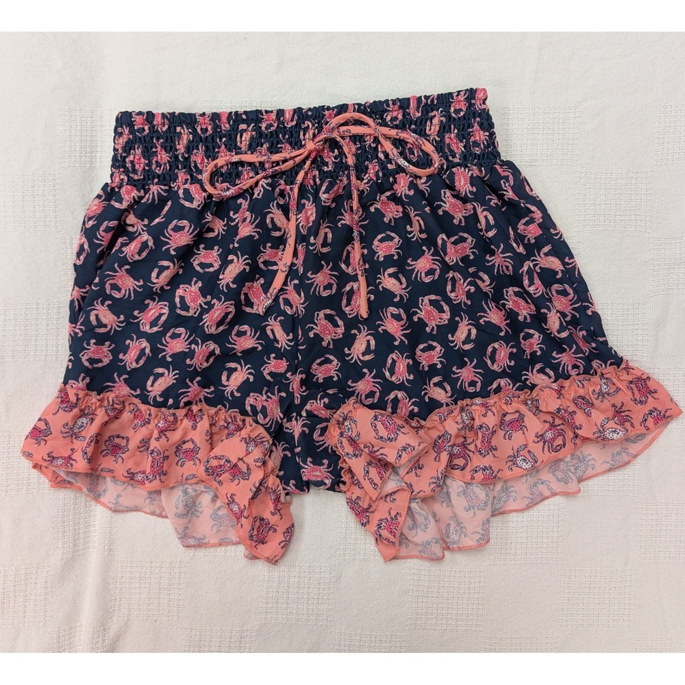 Simply Southern Collection Crab Print Ruffle Shorts Women's One Size Navy Coral